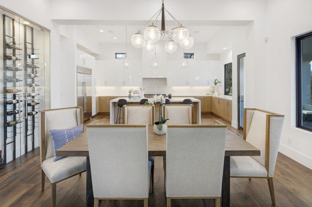 dining room with wine wall