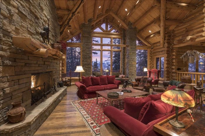 Mountain home interior with wood and stone. 