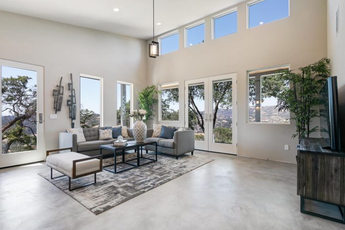 Main level living room with views and modern art.