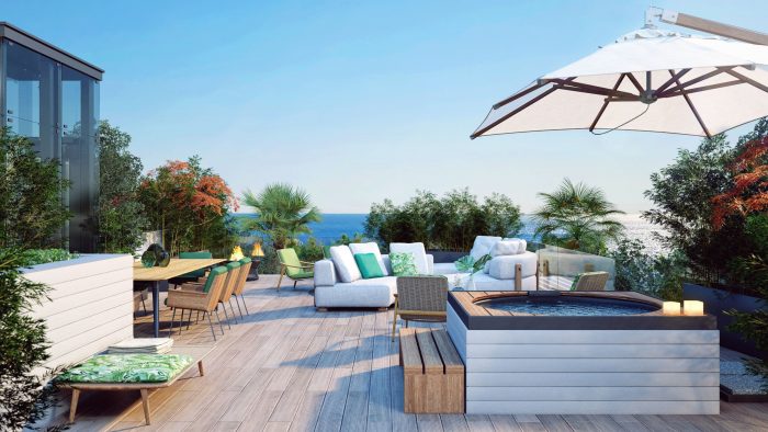 colonial revival back patio with shade and hot tub