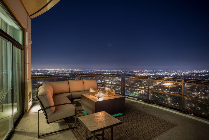Outdoor fireplace with view of LA basin