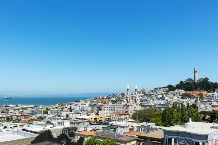 San Francisco view with St. Peter Paul Church, Coit Tower and the bay