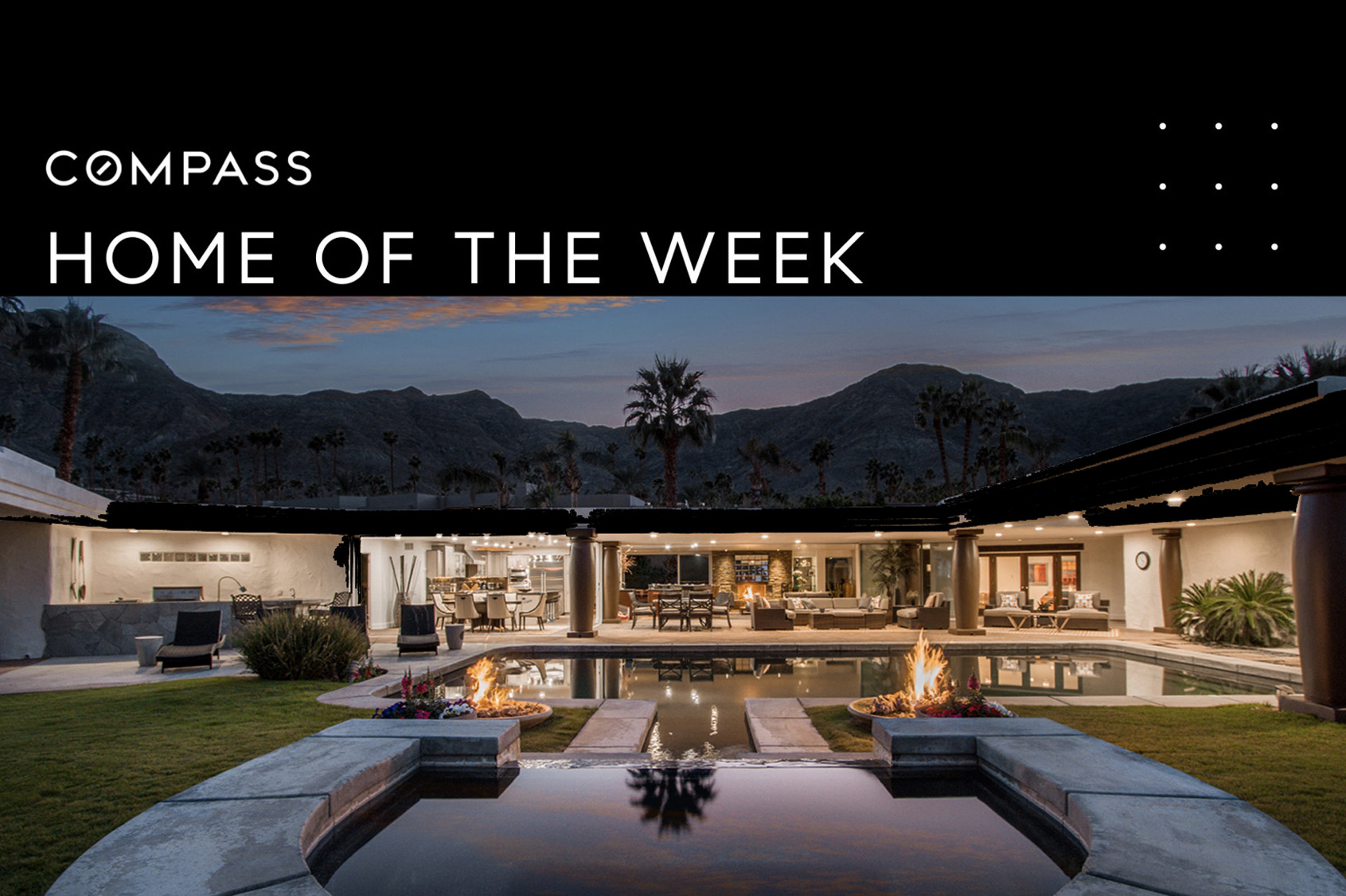 Ranch home at night with pool