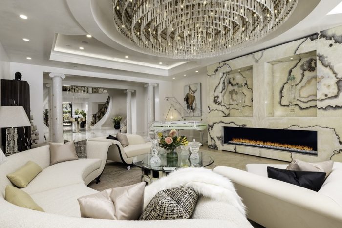 Ultra modern living room with fireplace and modern accents.