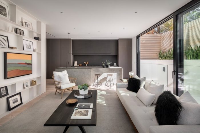 Modern home with a wall of art.