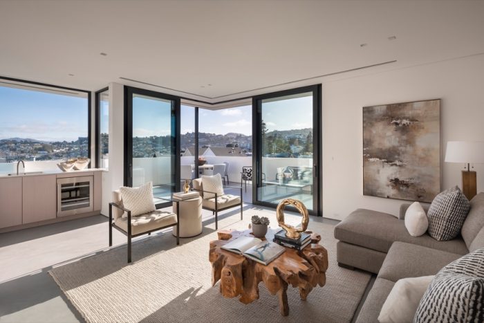 Compass kitchen with patio and San Francisco in the background.