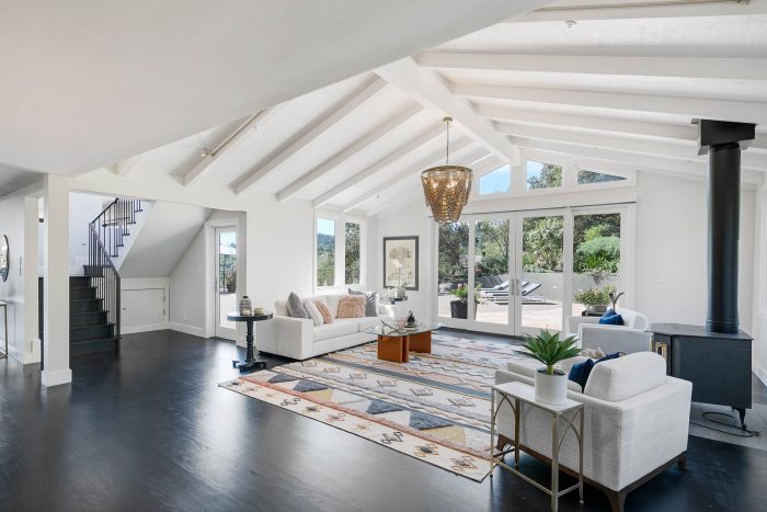 living room with wood stove