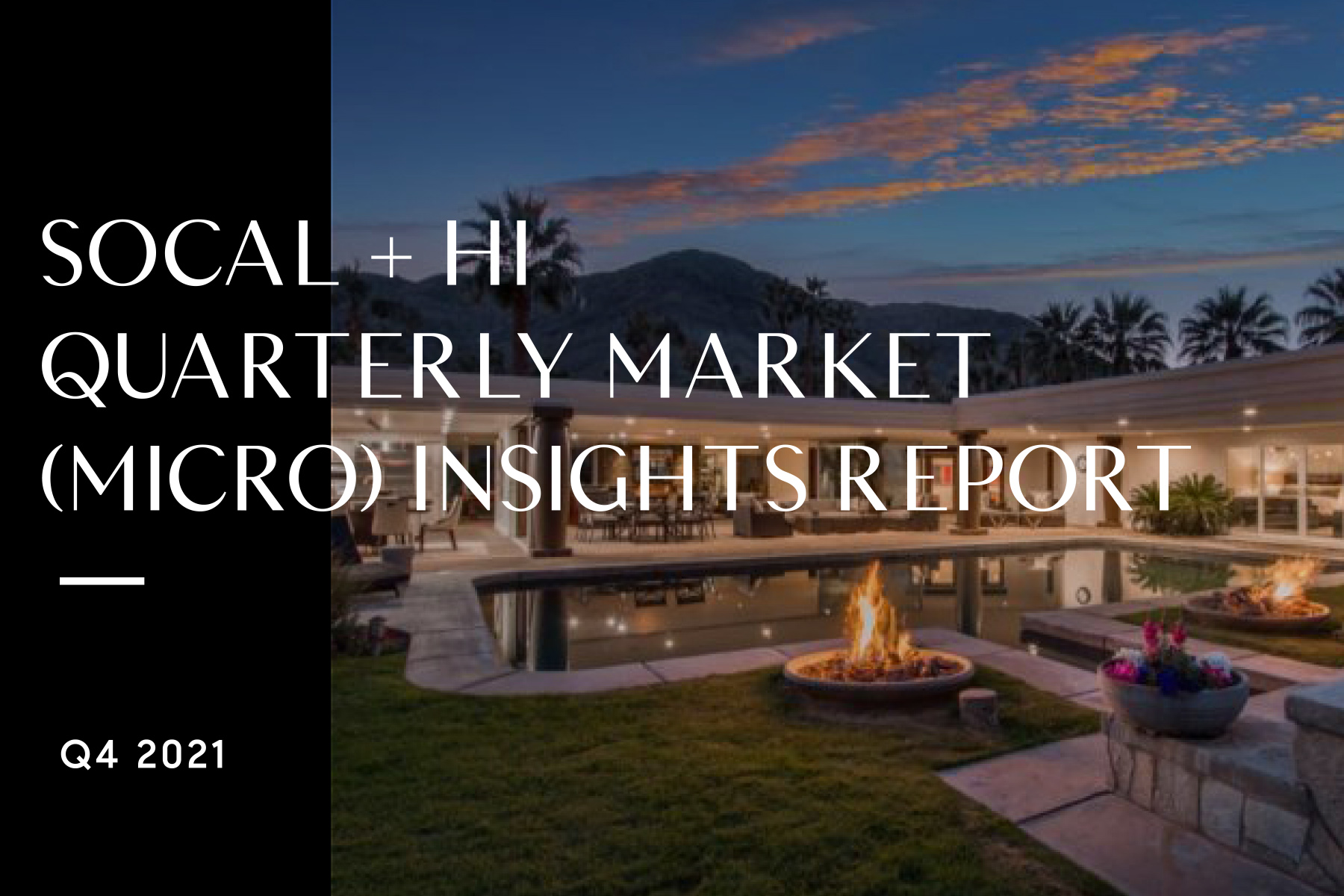 House at sunset with swimming pool and fire burning in fires pits