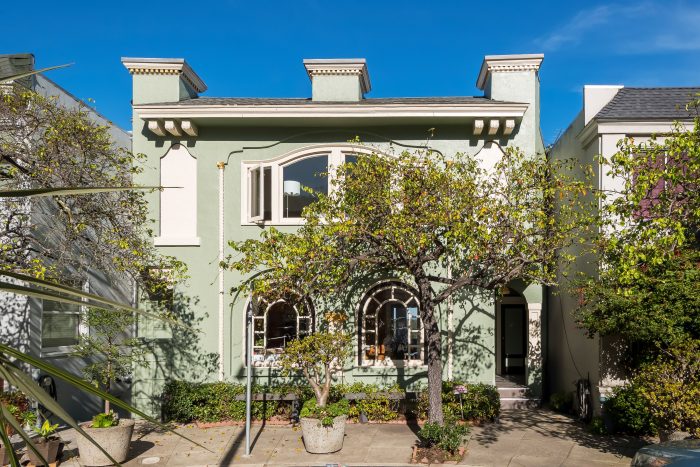 Historic, mint green home in SF from the front.