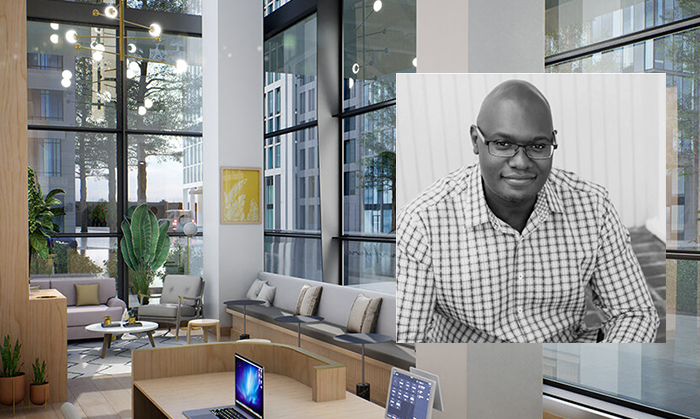 A furnished corner room with glass walls designed by Philip Oloo, SPACIALISTS, a tech-forward design