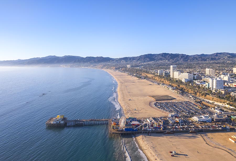 Aerial View of Santa Monica Beach at Sunset