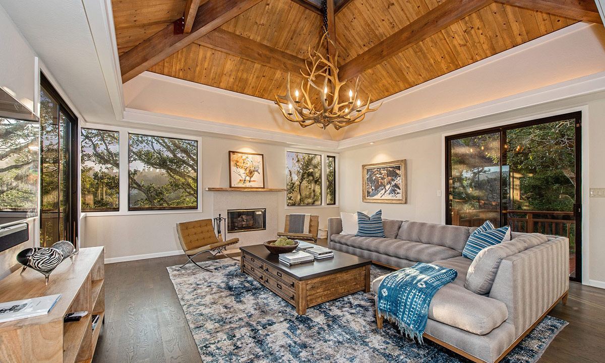 living room with antler chandelier