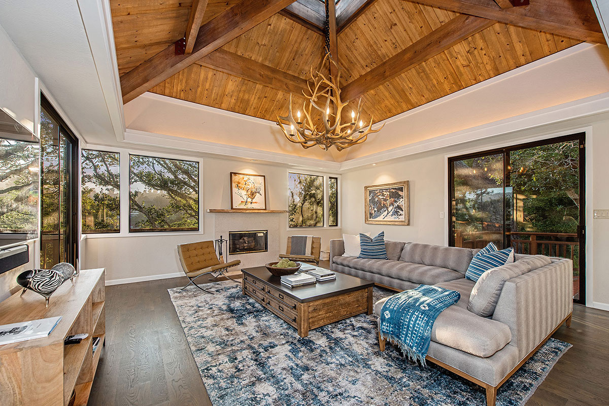living room with antler chandelier