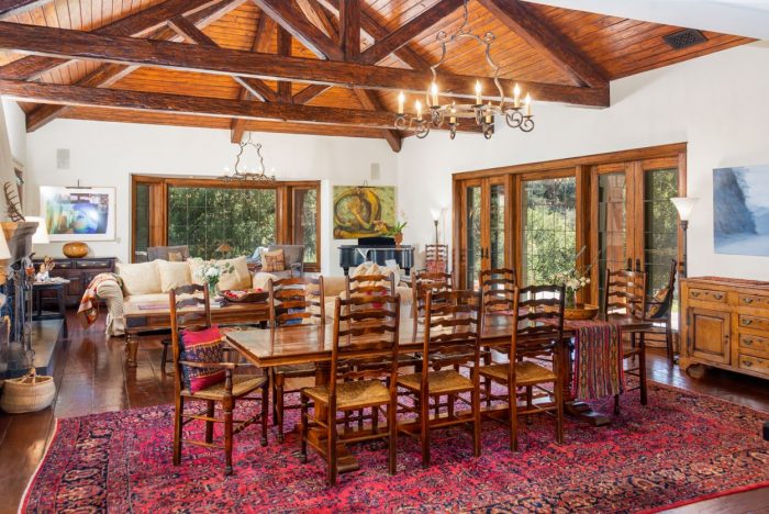 Dining room with wood ceiling