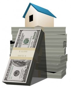 homeprices Illustration of a home sitting atop stacks of money