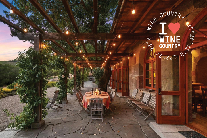 Napa Valley patio with grape vines growing over pergola