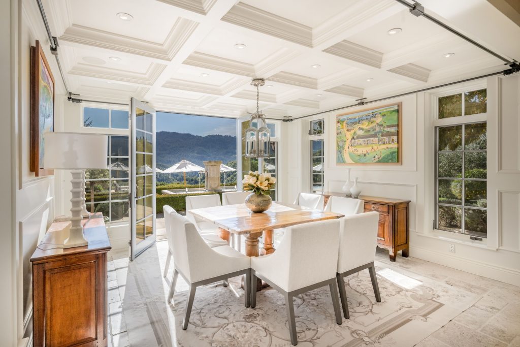 dining room with opening doors. 